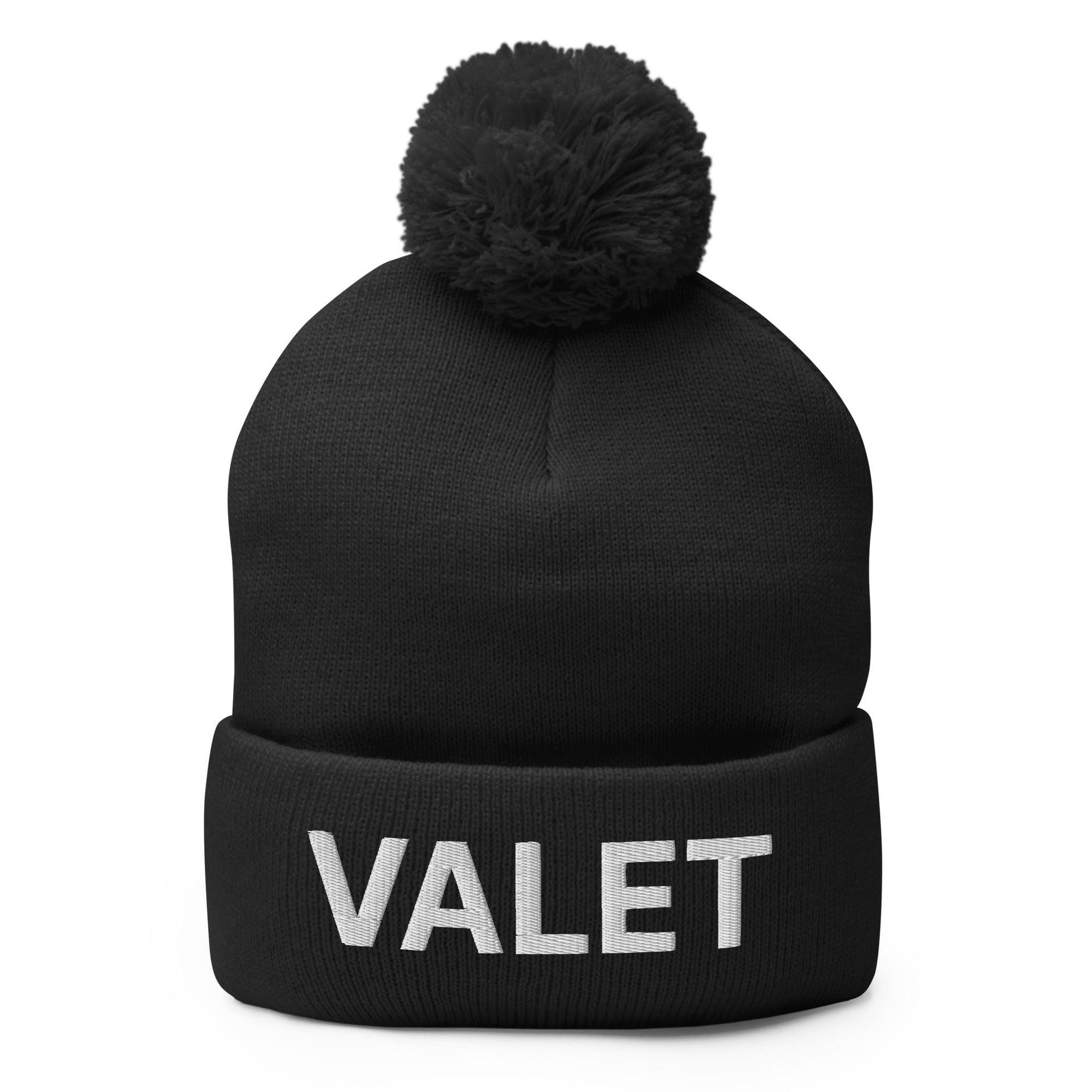 Valet Uniform Embroidered Knit Pom Pom Beanie Black