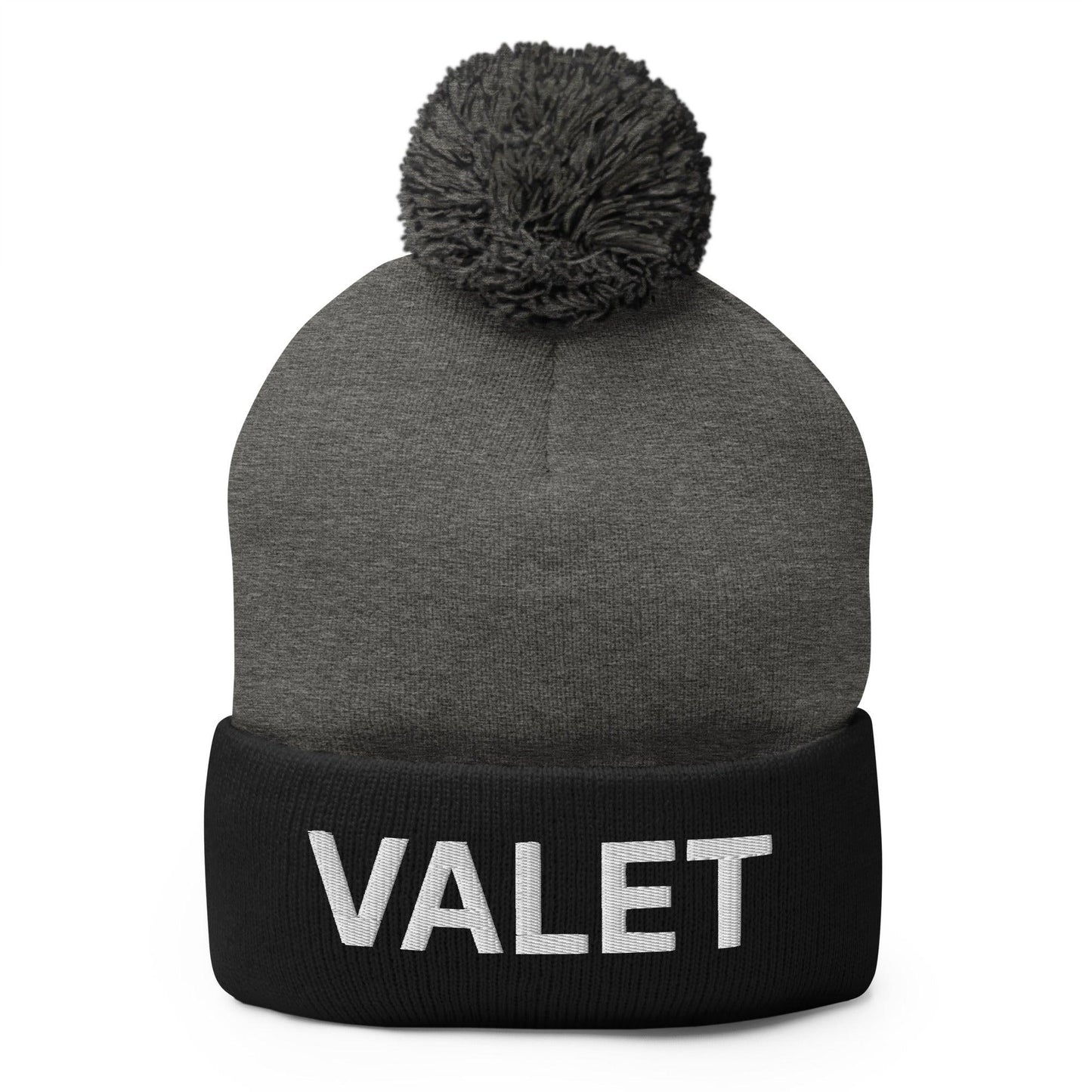 Valet Uniform Embroidered Knit Pom Pom Beanie Dark Heather Grey Black