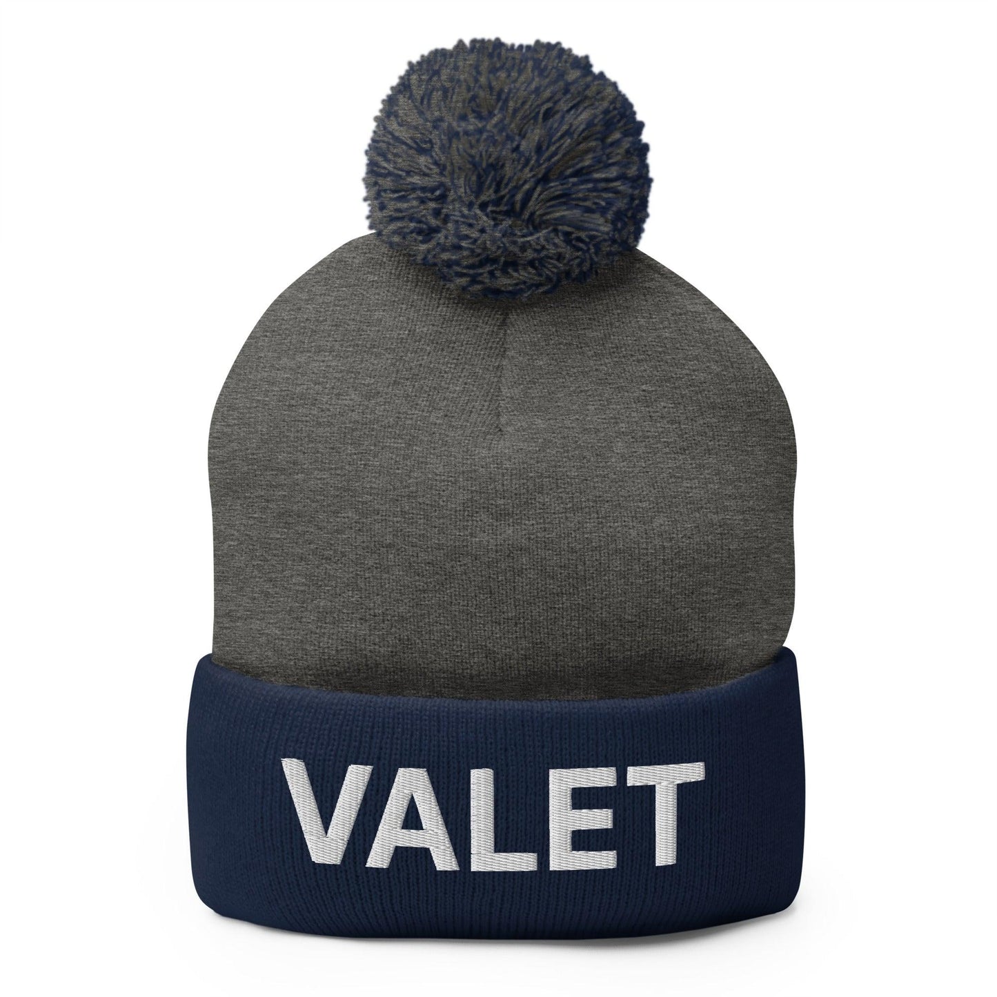 Valet Uniform Embroidered Knit Pom Pom Beanie Dark Heather Grey Navy