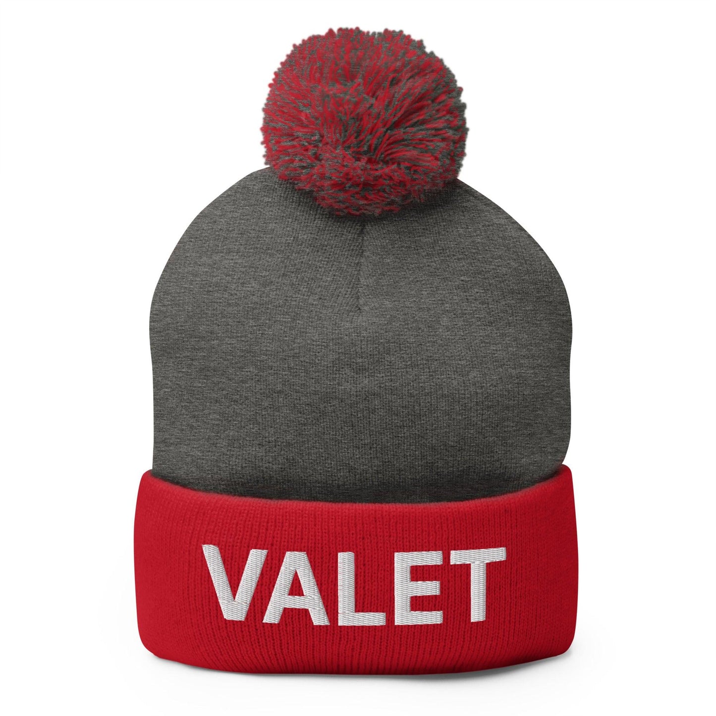 Valet Uniform Embroidered Knit Pom Pom Beanie Dark Heather Grey Red