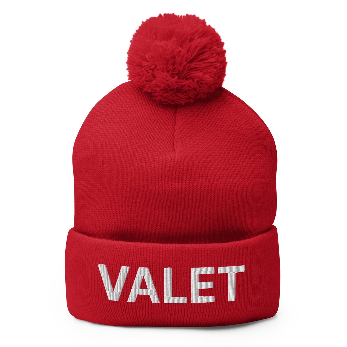 Valet Uniform Embroidered Knit Pom Pom Beanie Red