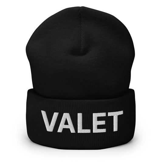 Valet Uniform Work Embroidered Knit Cuffed Beanie Black