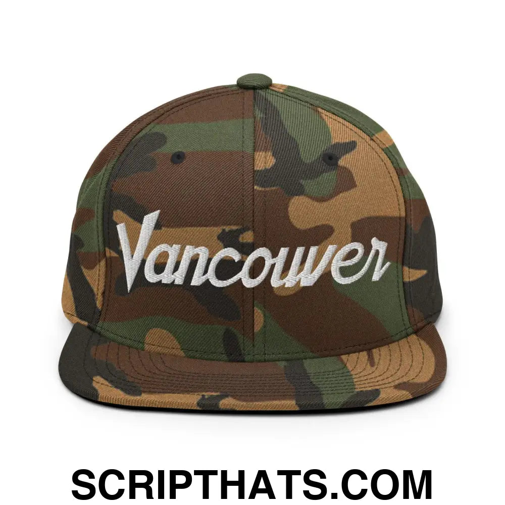 Vancouver Script Snapback Hat Green Camo