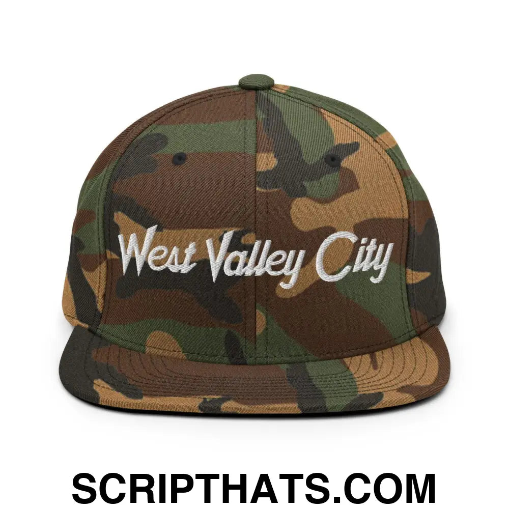 West Valley City Script Snapback Hat Green Camo