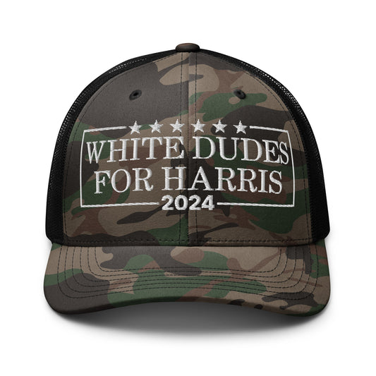 White Dudes for Harris 2024 Camo Trucker Hat Camo Black