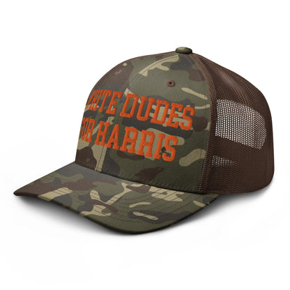 White Dudes For Harris Embroidered Camo Trucker Hat Orange Camo Brown