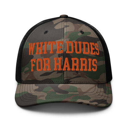 White Dudes For Harris Embroidered Camo Trucker Hat Orange Camo Black