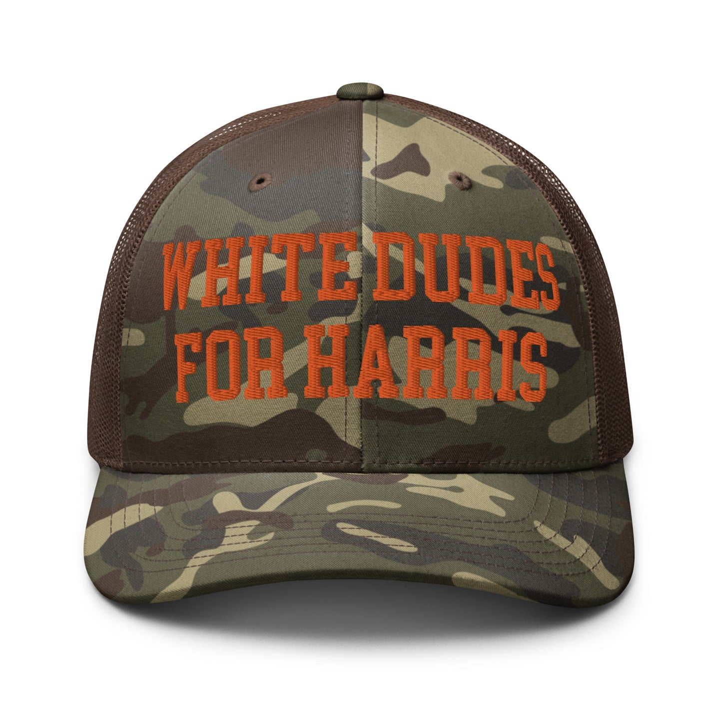 White Dudes For Harris Embroidered Camo Trucker Hat Orange Camo Brown