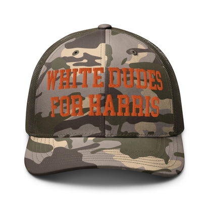 White Dudes For Harris Embroidered Camo Trucker Hat Orange Camo Olive