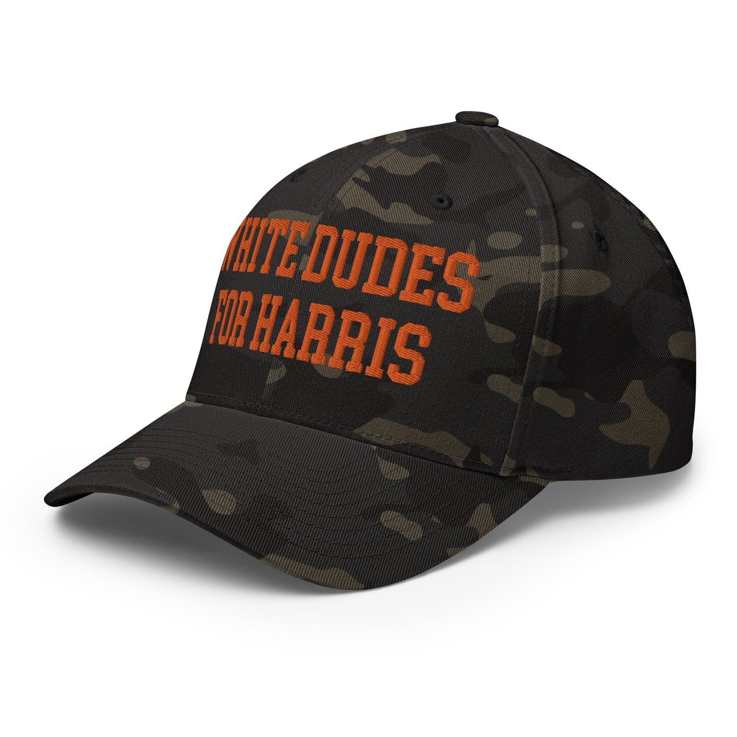 White Dudes for Harris Embroidered Stretch Fit Baseball Hat Orange Camo Multicam Black