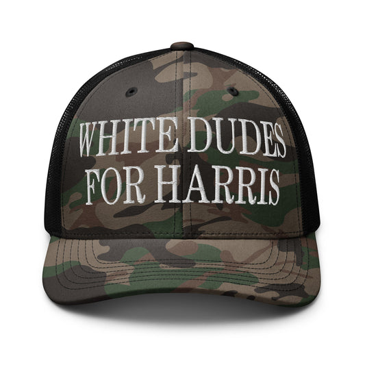 White Dudes For Harris MAGA Parody Camo Trucker Hat Camo Black