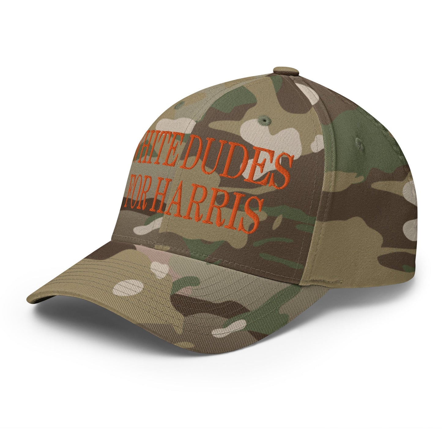 White Dudes for Harris MAGA Parody Embroidered Stretch Fit Baseball Hat Orange Camo Multicam Green