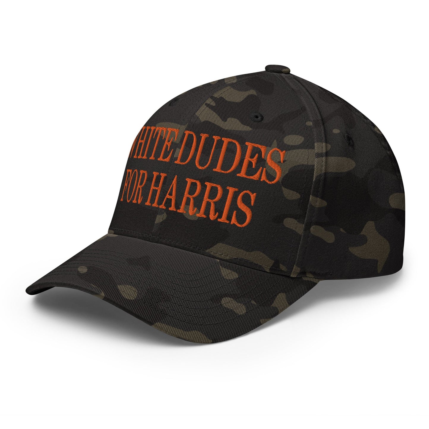 White Dudes for Harris MAGA Parody Embroidered Stretch Fit Baseball Hat Orange Camo Multicam Black