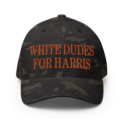 White Dudes for Harris MAGA Parody Embroidered Stretch Fit Baseball Hat Orange Camo Multicam Black