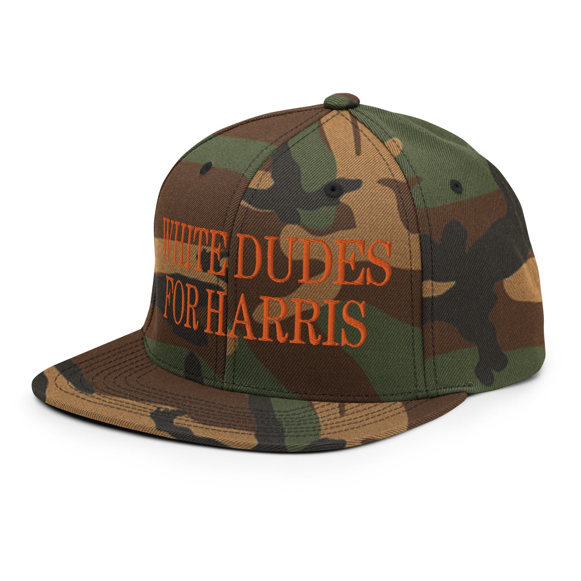 White Dudes For Harris MAGA Parody Flat Embroidered Bill Brim Snapback Hat Orange Camo Camo