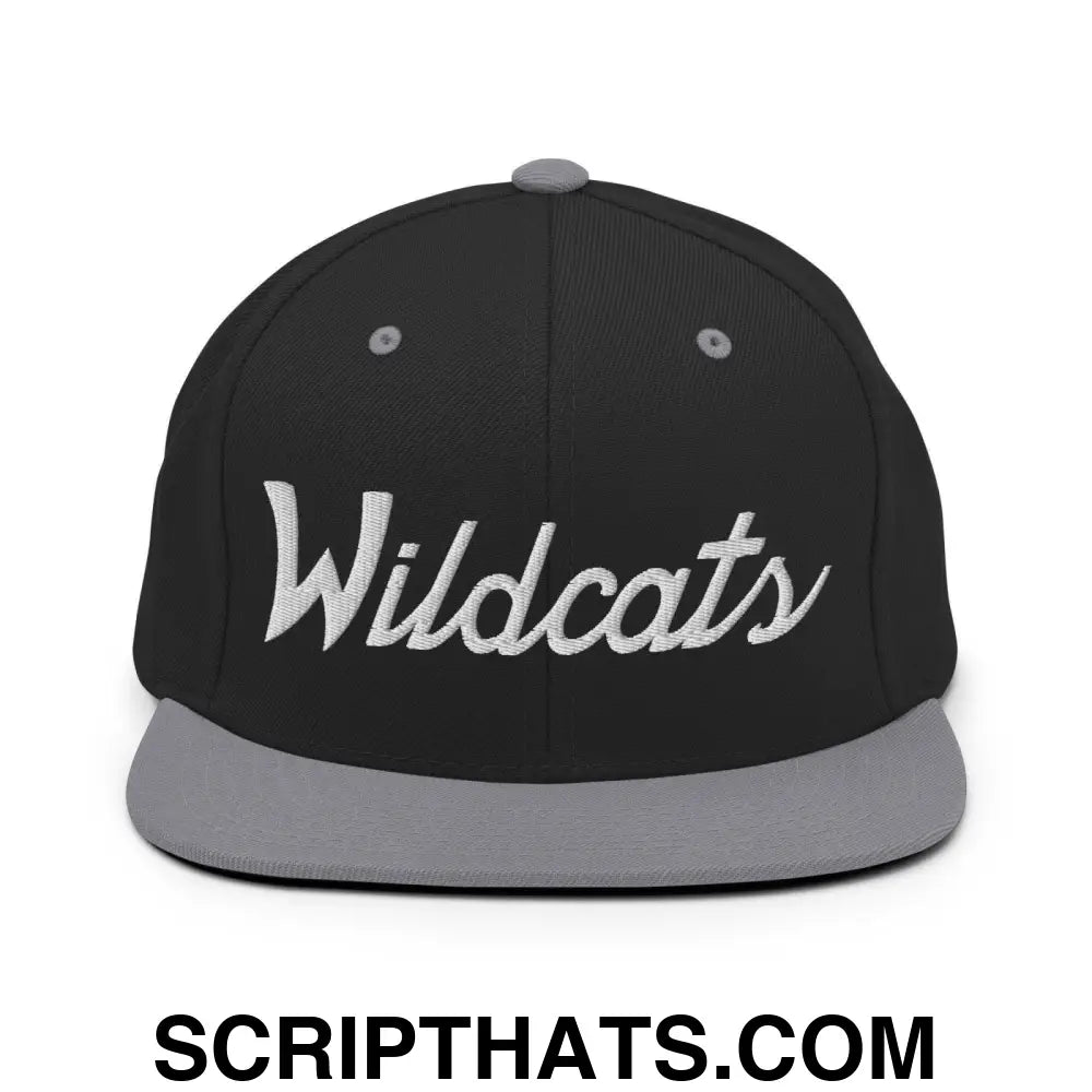 Wildcats School Mascot Script Snapback Hat Black Silver