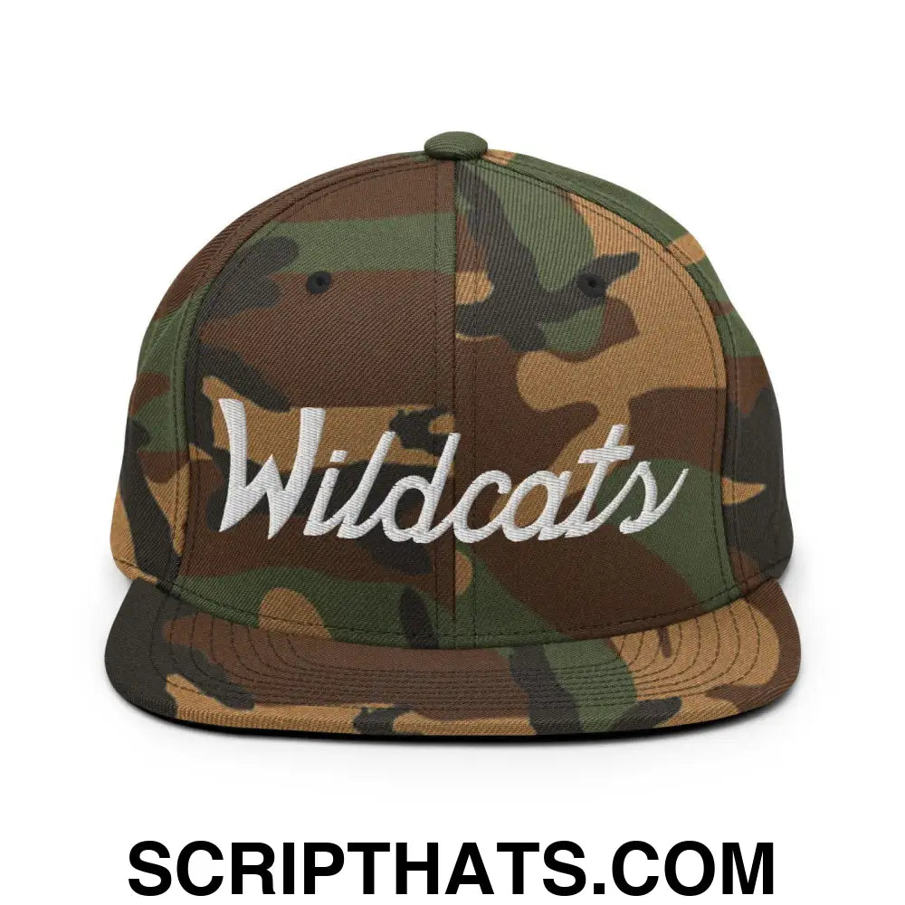 Wildcats School Mascot Script Snapback Hat Green Camo