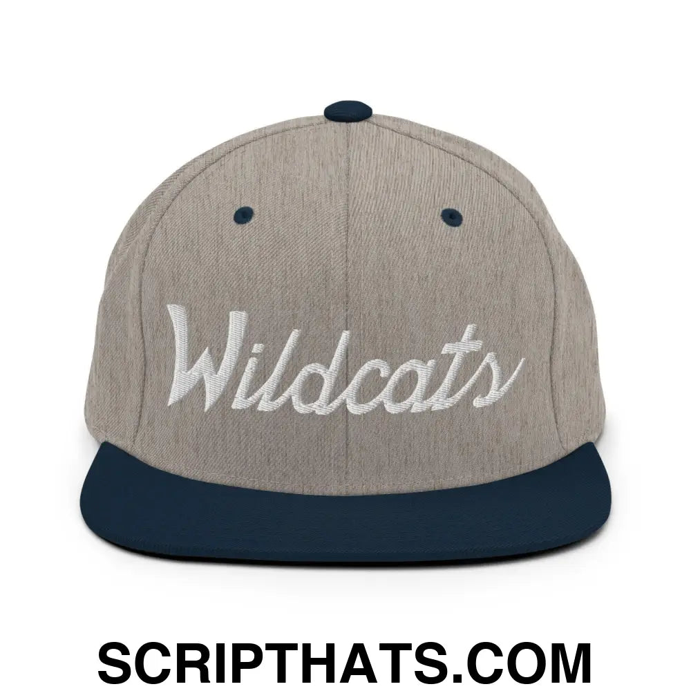 Wildcats School Mascot Script Snapback Hat Heather Grey Navy