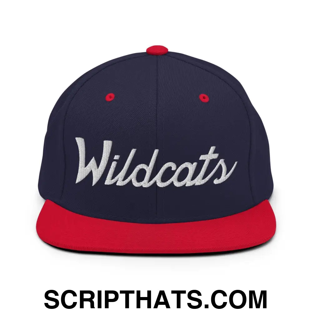 Wildcats School Mascot Script Snapback Hat Navy Red