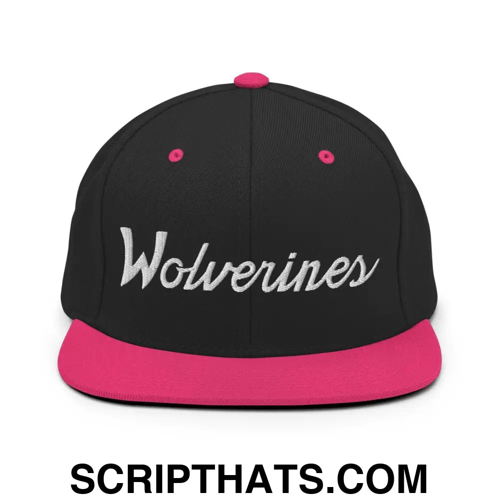 Wolverines School Mascot Script Snapback Hat Black Neon Pink