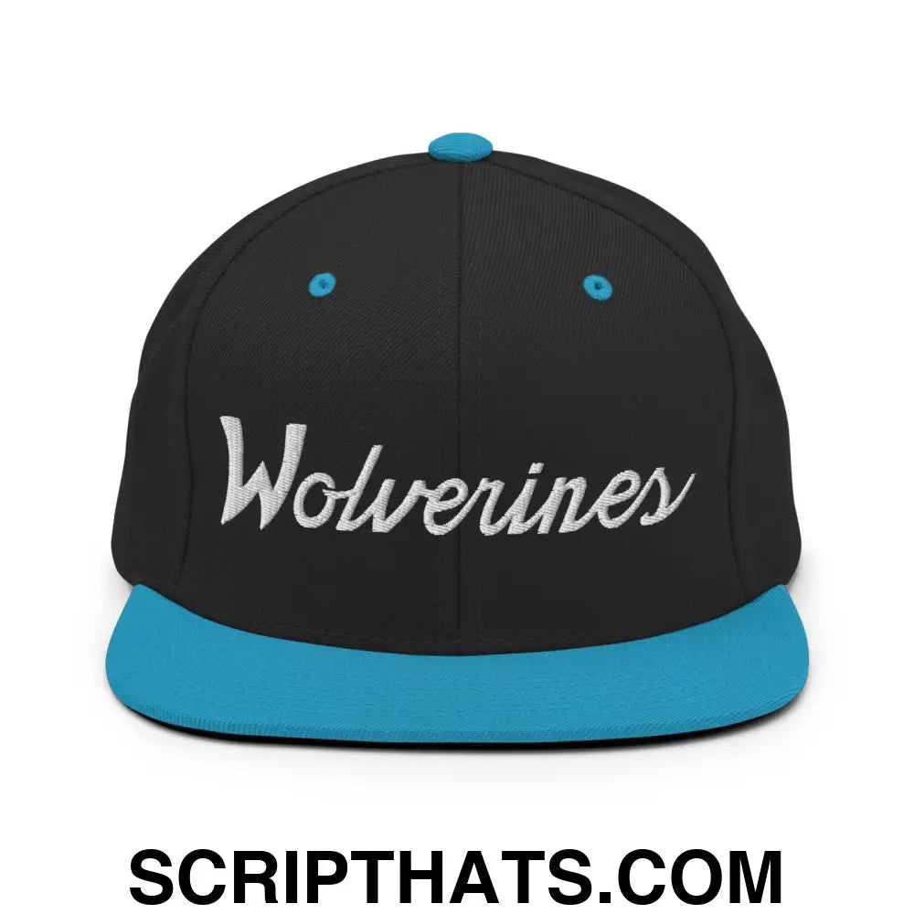 Wolverines School Mascot Script Snapback Hat Black Teal