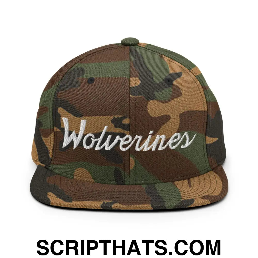 Wolverines School Mascot Script Snapback Hat Green Camo