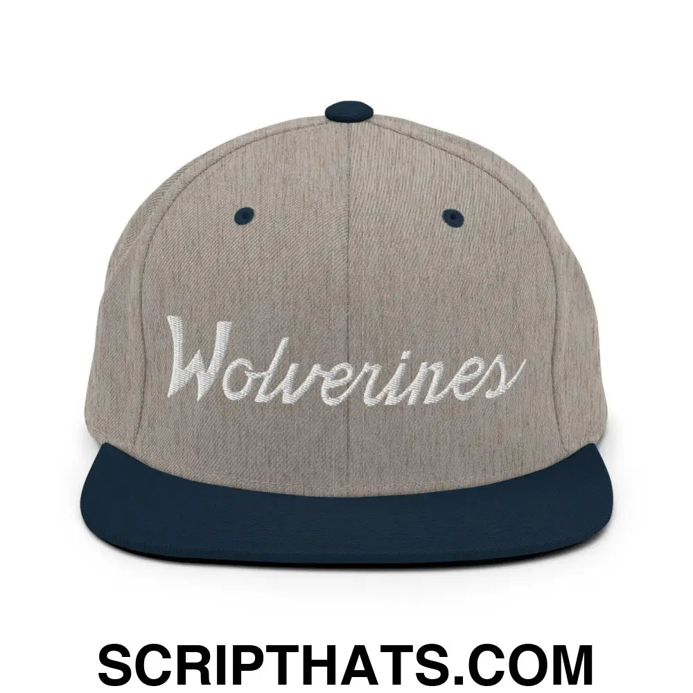 Wolverines School Mascot Script Snapback Hat Heather Grey Navy