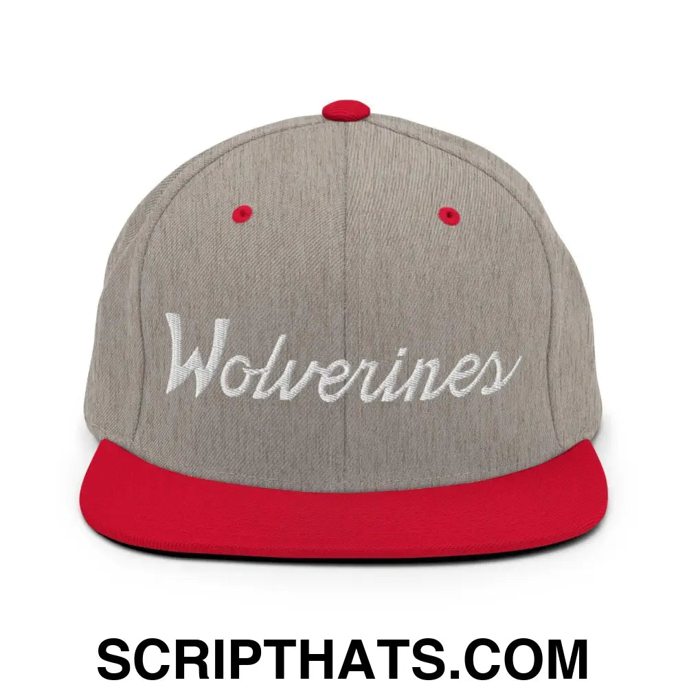 Wolverines School Mascot Script Snapback Hat Heather Grey Red