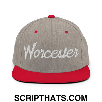 Worcester Script Snapback Hat Heather Grey Red