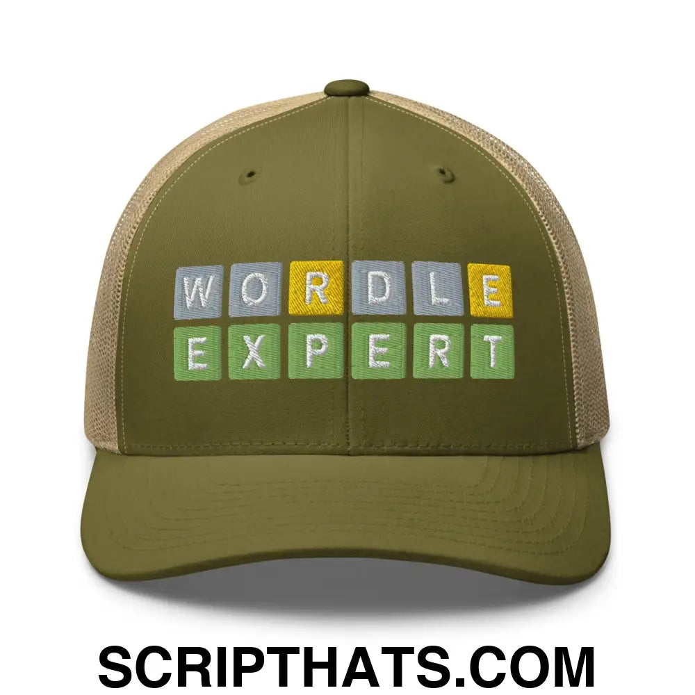 Wordle Expert Retro Trucker Hat Moss Khaki