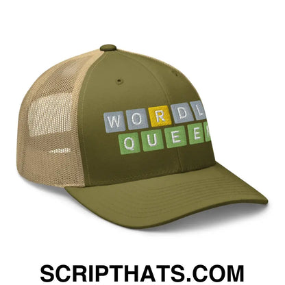 Wordle Queen Retro Trucker Hat Moss Khaki