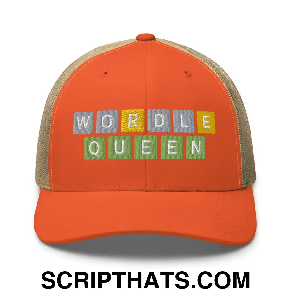 Wordle Queen Retro Trucker Hat Rustic Orange Khaki