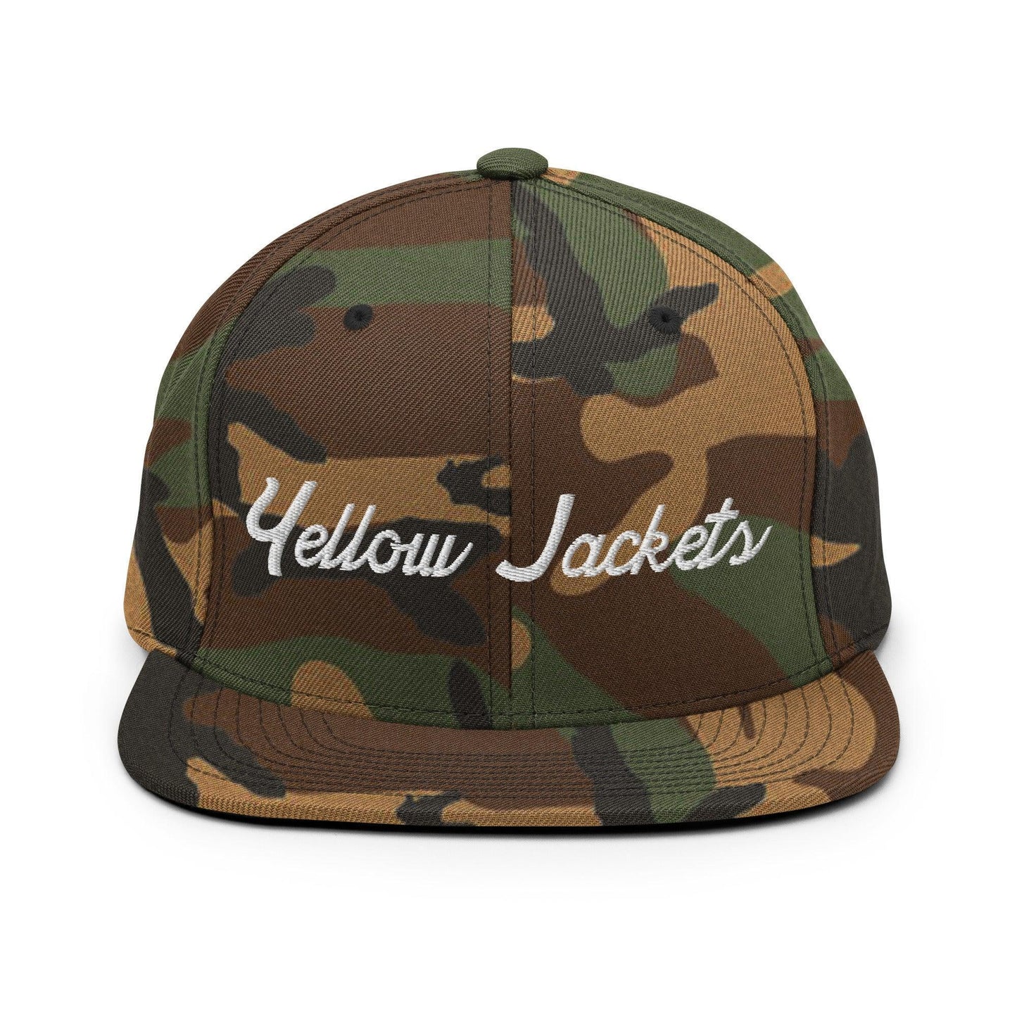 Yellow Jackets School Mascot Script Snapback Hat Green Camo