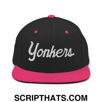 Yonkers Script Snapback Hat Black Neon Pink