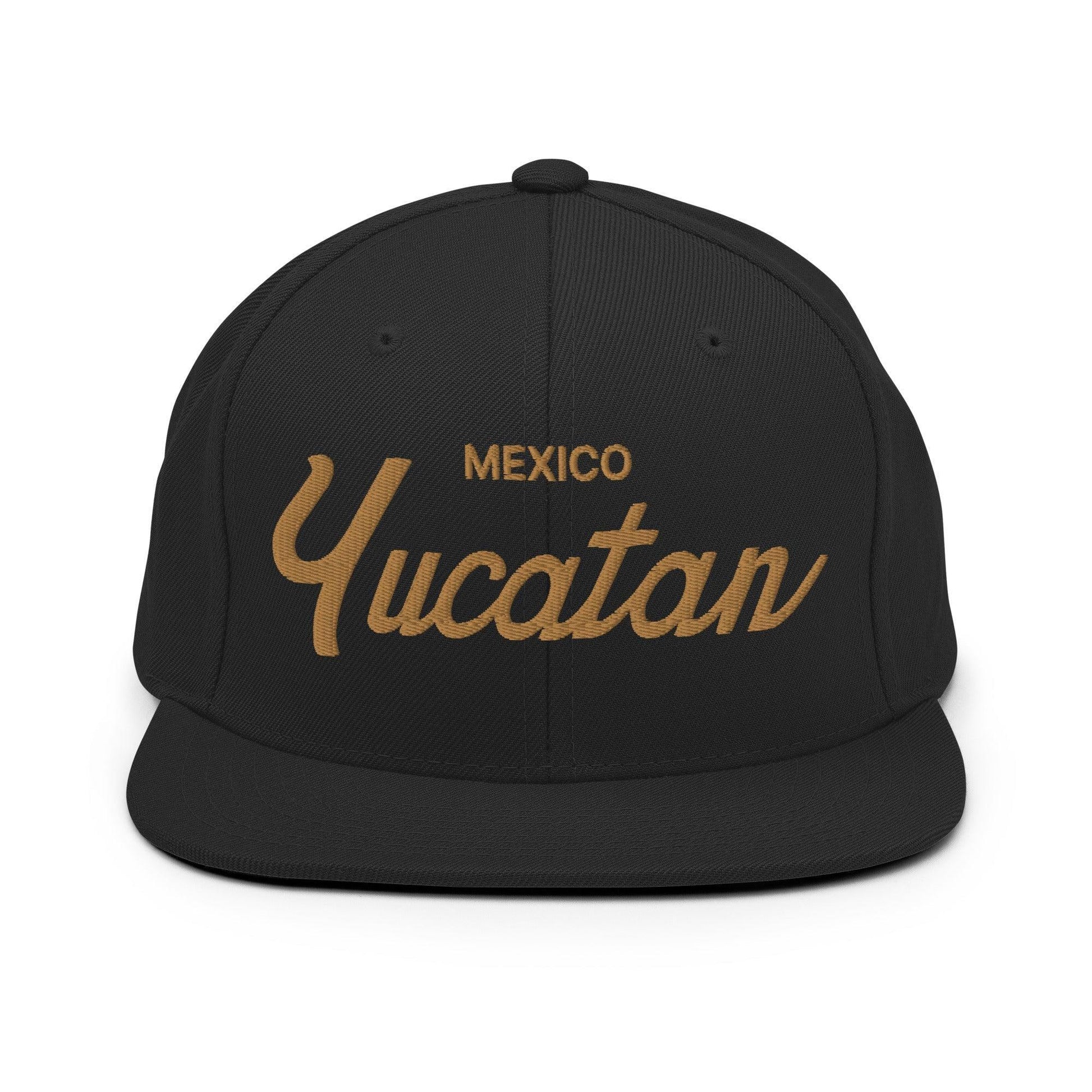 Yucatan Mexico Gold Vintage Sports Script Snapback Hat Black