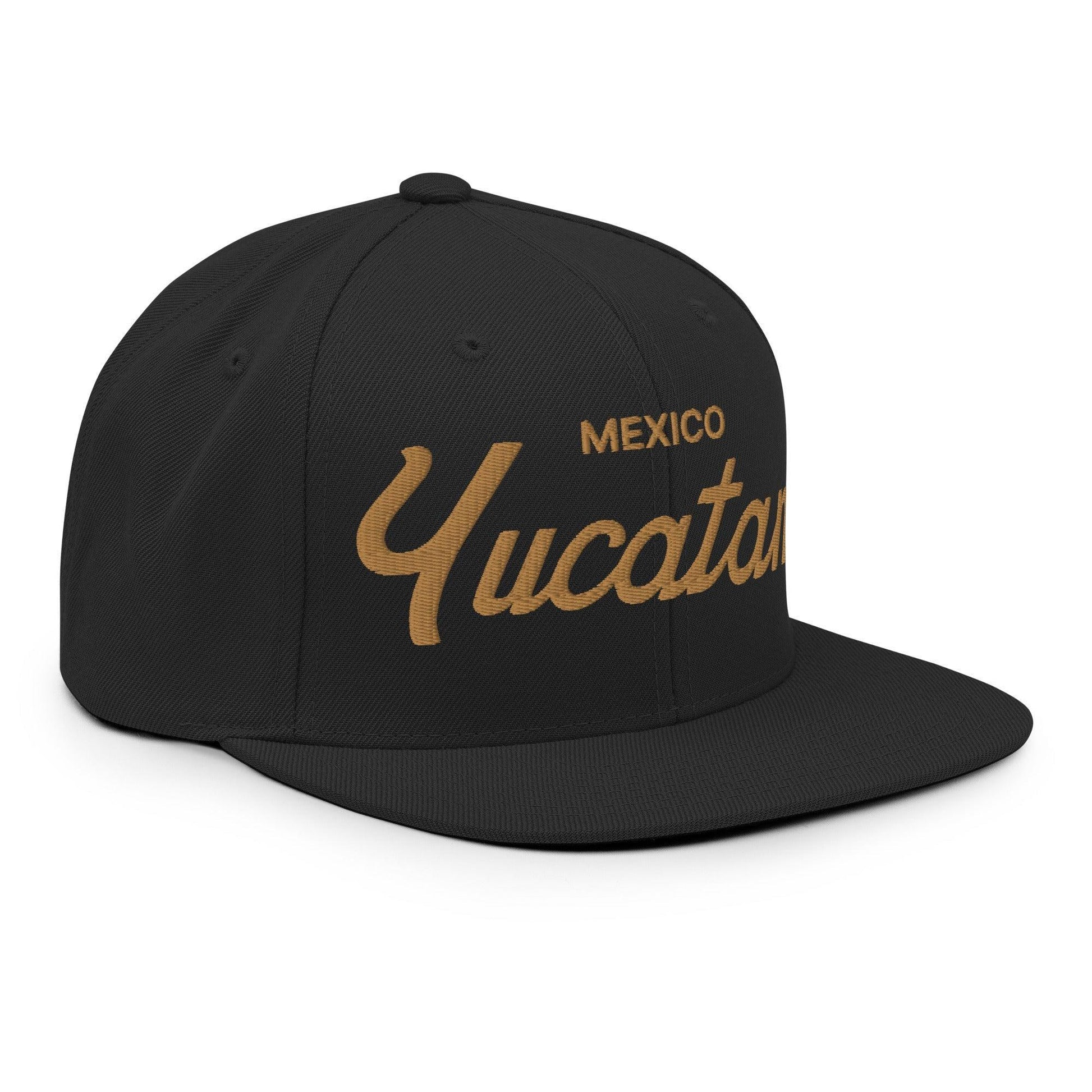 Yucatan Mexico Gold Vintage Sports Script Snapback Hat Black